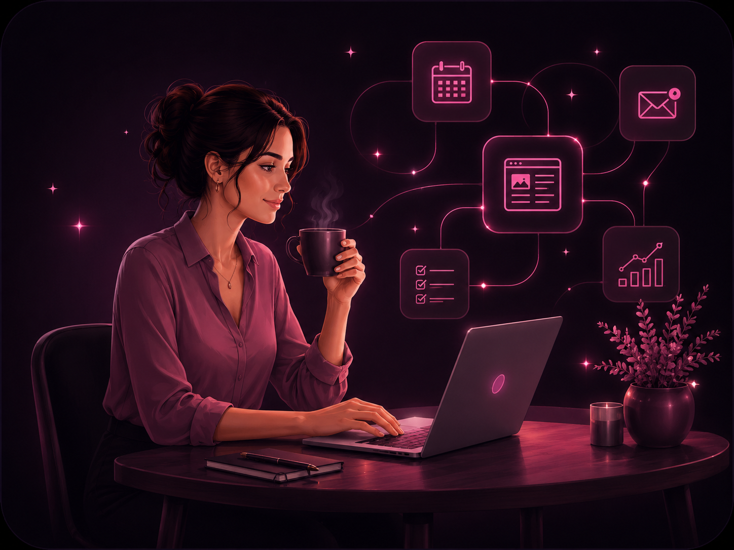 Donna al laptop con icone neon che rappresentano gli strumenti di DIGISITO